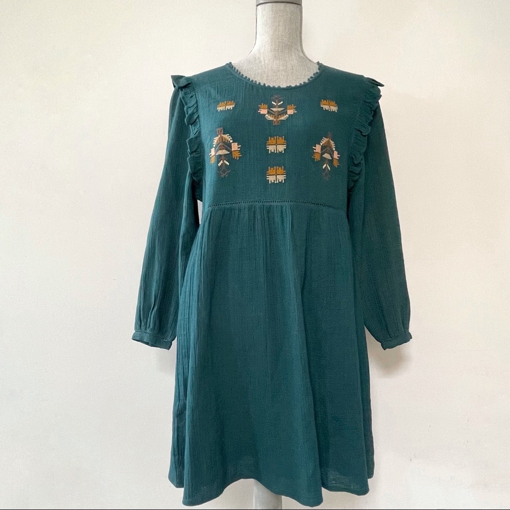 Louizon long sleeve embroidered textured cotton babydoll prairie dress teal